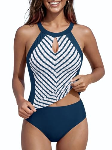 SHEKINI Tankini da donna con colletto alto, top con slip, costume da bagno a righe, costume da bagno estivo in due pezzi, a righe blu e bianche, M