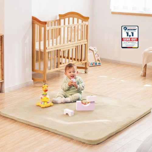 Uniency Krabbelmatte Baby,120x120x3cm Dicke Schaum Matte Weich Gepolstert Spielmatte Baby,Krabbeldecke mit Waschbarer Abnehmbarem Überzug für Babys,Kleinkinder und Säuglinge Teppich Kinderzimmer,Beige