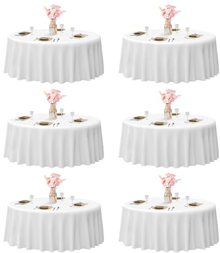 EMART Runde Tischdecke Weiß 6 Pack, 304cm Tischtuch White Round Tablecloth | Polyester, Stain, Resistant, Washable, Hochzeit Dekoration, Wedding, Party, Banquet