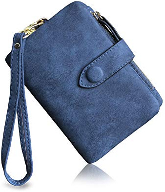 PofeeXIO Womens Small Bifold Leather Wallets Rfid Ladies Wristlet with Card slots id window Zipper Coin Purse (Blue)