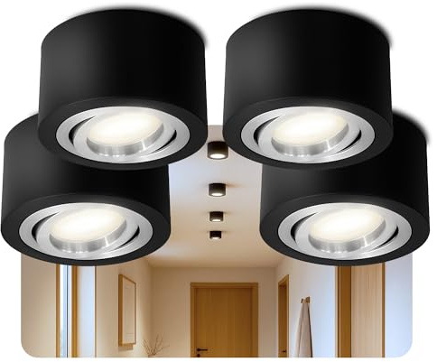 SSC-LUXon LANTI Aufbauspot 4x schwarz rund schwenkbar 4W neutralweiß | Vier schwenkbare Deckenspots schwarz mit Silberring - neutralweiß, für Wohnzimmer, Flur & Küche, Aufputz 230V ohne Trafo