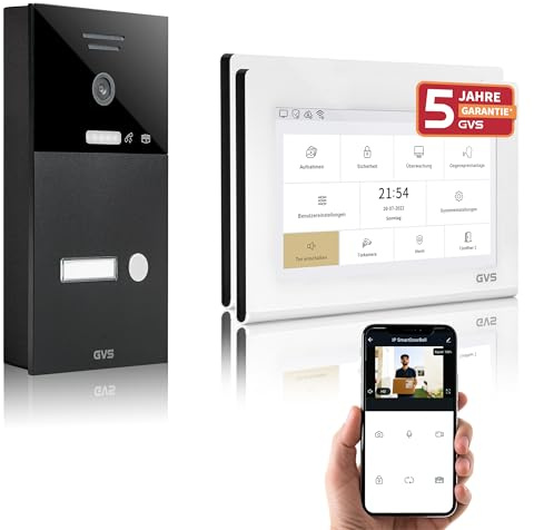 GVS IP Video Türsprechanlage mit Türöffner, 2X 7 Zoll Monitore & App | Smarte Video Türklingel mit Kamera und Monitor & App - Gegensprechanlage für 1 Familienhaus (AVS1314A)