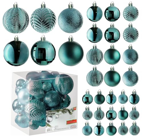 Prextex pfauengrüner Weihnachtskugelschmuck für Weihnachtsschmuck - 36 Stück unzerbrechlicher Weihnachtsbaumschmuck mit Aufhängeöse für Feiertage und Partys (Kombination aus 6 Styles in 3 Größen)
