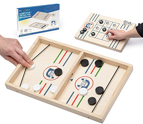 Niino 2 in 1 Fast Sling Puck and Tic Tac Toe Game Board | Tic Tac Toe Board and Family Wooden Hockey Game | String Puck | Gift for Adults & Kids Children | 20 Pucks with Storage Pouch (35 * 22 cm)