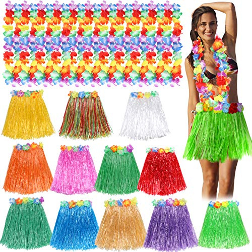 Toyssa Hawaii Hula Set Hula Rock mit Hawaii Blumenkette Grass Rock und Blumen Halskette Hawaiian Kostüm Set für Mädchen Frauen Hula Luau Beach Party Deko