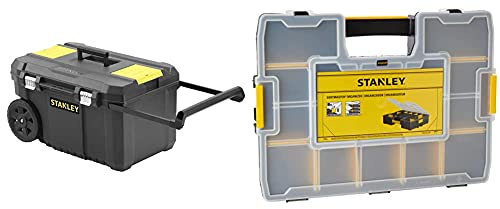 STANLEY Rolling Toolbox Chest with Heavy Duty Metal Latch, 2 Lid Organisers for Small Parts, Portable Tote Tray for Tools, STST1-80150 & 1-94-745 Sort Master Seal Tight Professional Organiser