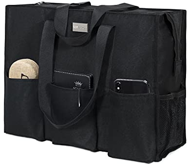 TOPDesign Utility Water Resistant Tote Bag with 13 Exterior & Interior Pockets, Top Zipper Closure & Thick Bottom Support, for Working Women, Teachers, Nurses, Accountants (Black, Large)