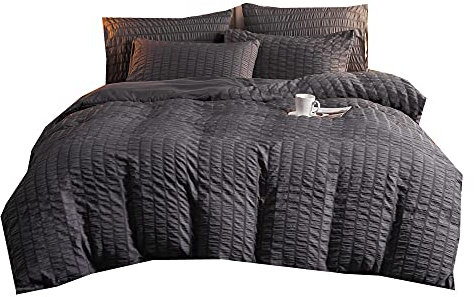 Seersucker Biesen Prise Falte Bettbezug Set, Bettwäsche Set mit Reißverschluss, Schwarz Grau Rosa Gelb Weiß Abdeckung für Mann Frau, Bettbezug Schlafzimmer (Grau 1, 230_x_260cm)