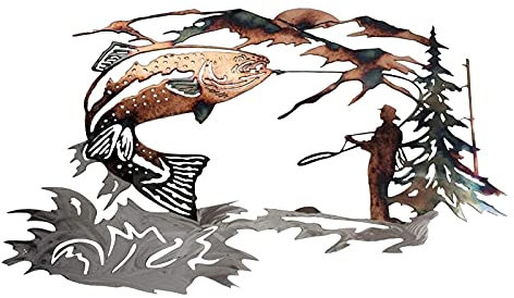 CREATCABIN Parete in Metallo Giardino Pesce Appendere A Parete Animali Pesca Montagne Alberi Fiumi Artigianato Umano Ornamento d'Arte Sagome Casa Interni Esterni Giardino Recinzione 12 x 8 Pollice