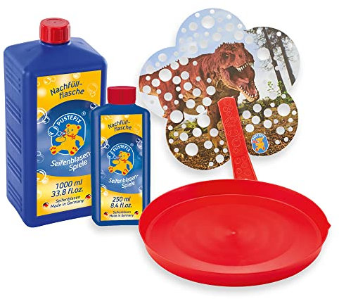 PUSTEFIX Bubble-Multi-Wing Dino rot I 1000 ml Seifenblasenwasser I Made in Germany I Bunte Bubbles für Kindergeburtstag, Hochzeit & Sommerparty I Bär Seifenblasen Spielzeug für Kinder & Erwachsene