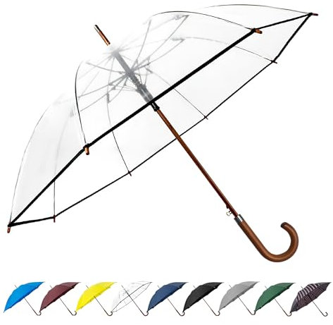 SoulRain 48 Clear umbrella dome windproof strong，heavy duty Golf Umbrellas-Large Transparent for Rain,Automatic Open for Women & Mens,big Vintage Stick Cane Umbrella with Wooden Handle uk(Clear)