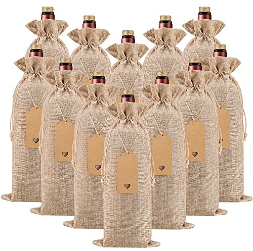 Homum 24 Stück hochwertige Jute-Weinbeutel und 12 Stück Geschenkanhänger, wiederverwendbare Wein-Geschenktüten mit Kordelzug, Weinflaschenbeutel, Weinbeutel für Hochzeit, Geburtstag, Party, Zuhause