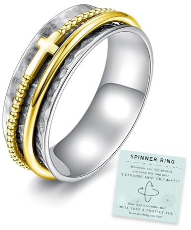Sariel Cross Anxiety Ring for Women - 925 Sterling Silver Spinner Rings Anti Stress Fidget Rings Band Wide Hammered (Gold, 7)