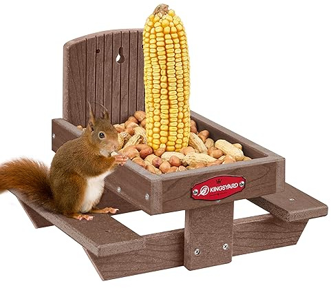 Kingsyard Squirrel Feeder Table for Outside, Recycled Plastic Squirrel & Chipmunk Picnic Table Feeder with Corn Cob Holder, 2 x Solid Structure Benches, Easy to Clean (Brown)