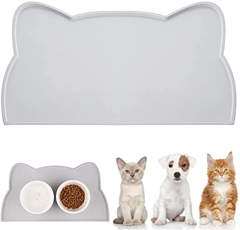 WOMLEX Napfunterlage Hund Katzen, Hundenapf Unterlage Katzennapf Unterlage aus Silikon, Hunde Katzen Futtermatte wasserdichte und rutschfeste Katzenkopfform (Grau, 52x30cm)