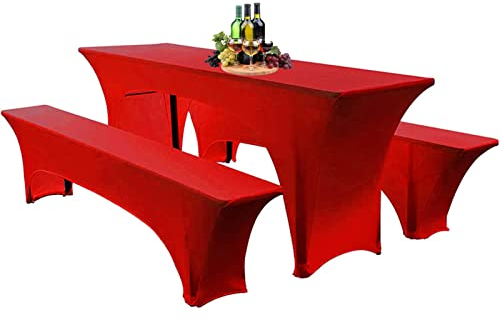 Elastische Hussen Für Bierzeltgarnitur Biertischhussen Bierbank-Auflage & Tischdecke 50 cm Oder 70 cm Tischbreite, 3 TLG Set Stretch Hussen Für Festzeltgarnituren Bierbank (50cm,Big Red)