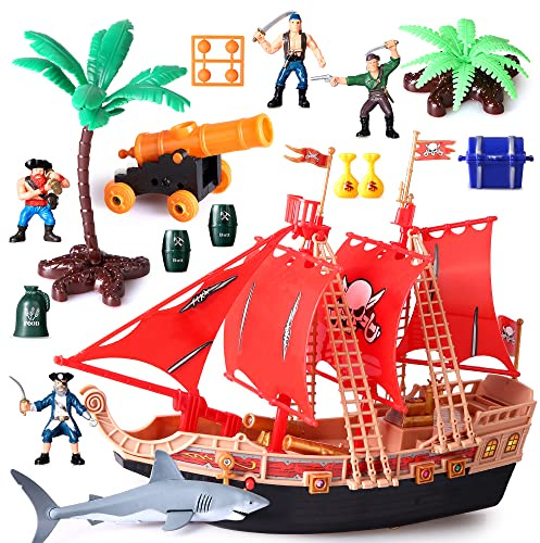 Barn Piratskepp Äventyrsleksaker Med Plast Action Figurer Piratskepp Lekset med haj, båt, kanon, träd och andra tillbehör Utbildningspresent för pojkar Flickor 3 4 5 6 7 8 år gammal