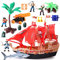 Kinder Piratenschiff Abenteuerspielzeug mit Plastikaktionsfiguren Piratenschiff Spielplatz mit Hai, Boot, Kanone, Bäume und anderes Zubehör Pädagogisches Geschenk für Jungen Mädchen 3+
