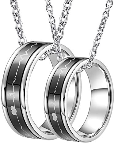 BCughia Partner Kette mit Ring, Partnerketten Personalisiert Schwarz Halskette Gravieren 7 mm Schwarzer Rotierender Ring Herzschlag Necklace für Freundin