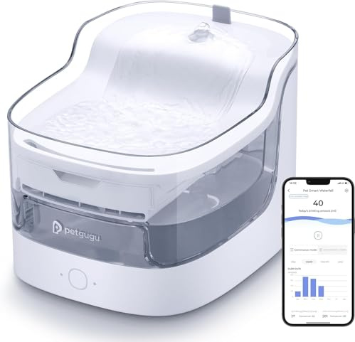 petgugu Fontanella per Gatti Intelligente,Fontana per Gatti Cani Silenzioso con Serbatoio Trasparente da 2L e Filtraggio a 8 Livelli, Controllo tramite APP (PF1)