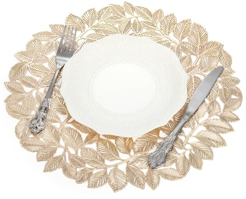 Cedilis 12 Pack 37 cm Gold Placemat, Vinyl Leaf Round Table Placemat, Non-Slip Dinning Table Mats for Wedding Accent Centerpiece, Thanksgiving Party