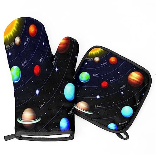 Ofenhandschuhe Topflappen Set Buntes Sonnensystem Grillhandschuhe Doppelschicht Kochhandschuhe Wasserfeste Topfhandschuhe, Für Küche, Backen