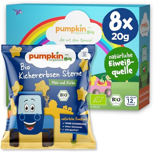Pumpkin Organics Baby Bio Knabbersnack 8x Kichererbsen Sterne 100% Bio | Kichererbsenspaß zum Knabbern ab 12 Monaten, allergenfreier², glutenfreier² Bio Kindersnack ohne Salz- oder Zuckerzusatz¹