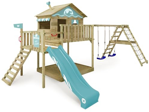 Gioco da giardino WICKEY Smart Ocean con altalena e scivolo, struttura da esterno per bambini con sabbiera, scaletta e accessori da gioco (blu pastello)