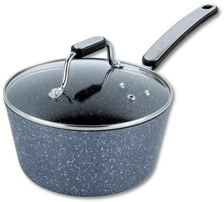 Scoville Expert NEVERSTICK+ 20cm Saucepan, Large Non Stick Saucepan & Tempered Glass Lid, 2L Capacity, Suitable for All Hobs, Ergonomic Handle, Dishwasher Safe, PFOA Free, Aluminium, Grey