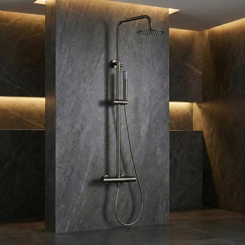 IMEX - Colonne Douche Noir Salle de Bain | Colonne de Douche Laiton avec Mitigeur Noire | Colonne de Douche avec Robinet Reglable | Barre en Acier Inoxydable S.304 Extensible | Série Monza