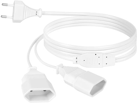 AXFEE 2M Cavo di Prolunga, 250V Maschio a Femmina 1 a 2, Bianco | Cavo di Alimentazione di Prolunga, Spina Europea per TV PC Computer Monitor Beamer Elettrodomestici Lampa