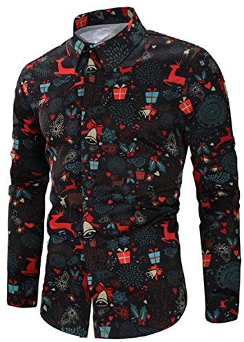RAISEVERN Mens Christmas Shirts Reindeers Bells Ugly Xmas Printed Funny Festival Snowflakes Funky Graphic Shirt Long Sleeve Santa Gifts, Black, M