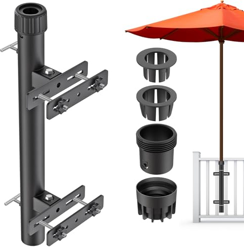 Dolibest Parasol Clamp Balcony, Patio Umbrella Holder Tube Fence Deck Mount Bracket Stand Adjustable Sun Umbrella Fixing Clip Space Saving with 3 Size Sleeve for 3-5cm Pole, Max 14 x 5.8cm Railing