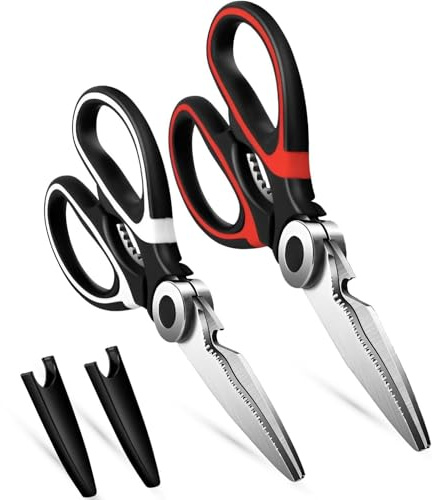 Zaxetic Kitchen Scissors Heavy Duty Multi-Function Purpose, Ultra Sharp Cutters with Blade Cover, Sharp 3CR14 Stainless-Steel Edges for Chicken, Fish, Poultry, Meat, 2 Pack (White & Red)