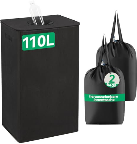 WOWLIVE Collecteur de bouteilles consignées - 110 l - Avec couvercle et 2 sacs de transport - Avec trou - Pour la cuisine - Noir