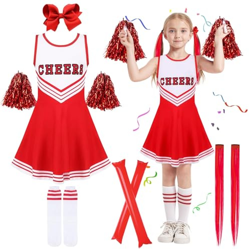 Kitimi Costume da cheerleader per bambini e ragazze, costume da cheerleadering, vestito uniforme con pompon, calze per capelli, per carnevale, feste, cosplay