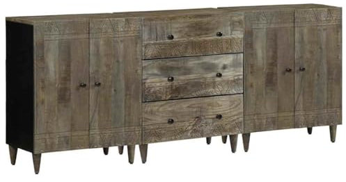 vidaXL 3 piece sideboard set - light grey solid mango wood cabinet/buffet with carving, 60x33.5x75 cm, versatile storage furniture