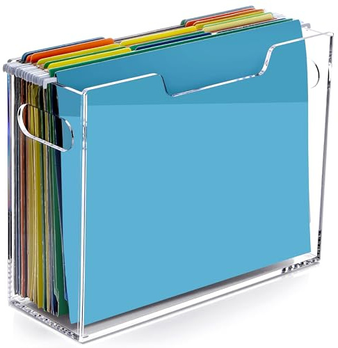 Tfirhuoe Acrylic File Box Hanging File Folder Organizer, Letter Size Clear File Organizer Box with Handle, Filing Holder for Desk Home Office - 1 Pack