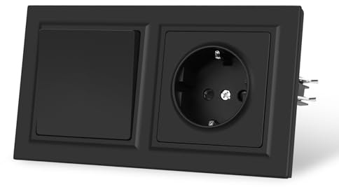 CNBINGO Lichtschalter mit Steckdose,1 Fach 1 Weg,Wechselschalter Schwarz | Unterputz,EU-Standard Wandsteckdose mit PC Panel,16A 250V