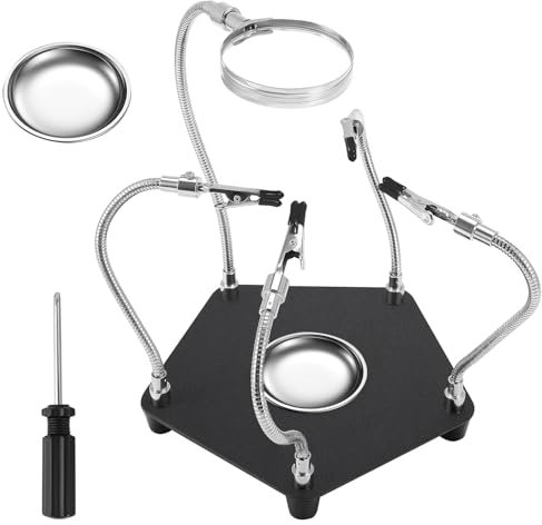 TUAKIMCE Magnetic Third Hand Soldering Tool, 4 Flexible 360° Rotating Alligator Clips with Magnifier, Heavy Duty Steel Base, Soldering Helping Hands for Electronics Repair, DIY Craft, Model Making