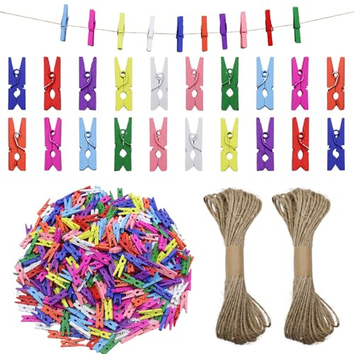 INNAL 400 Stück Wäscheklammern Holz Bunte 2.5cm Klammern Bunt für Fotos | Mini Bunt Holzklammern mit 10m Jute-Schnur Kleine Bunte Klammern Fotoklammern Zierklammern für Collagen Postkarten Dekorativ