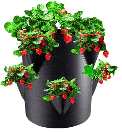 Strawberry Planter - Strawberry Grow Bags | Breathable Fruits Garden Planting Pots With 6 Side Grow Pockets | Garden Planter With 6 Hole Supports Container For Vegetables Fruits Flowers