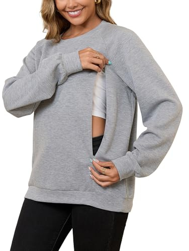 DEBELLY Stillfreundliches Sweatshirt zum Stillen für Damen, Doppelreißverschluss, Still-Top, langärmelig, Rundhalsausschnitt, Freizeitkleidung, grau dunkel, M