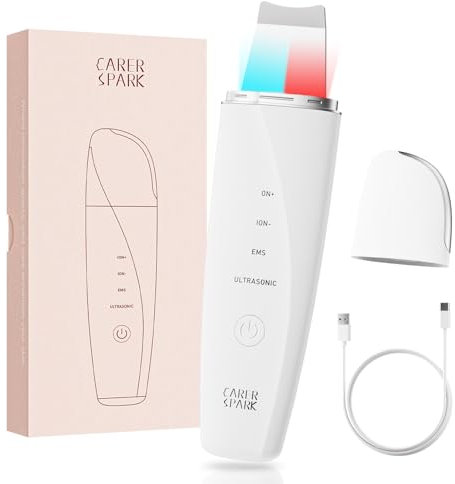 CARER SPARK Ultrasonic Facial Scrubber – Ultrasonic EMS Ion Red & Blue Light Facial Skin Spatula with 4 modes for Deep Cleansing Blackhead Removal Nutrient Infusion Gentle Exfoliation USB Rechargeable