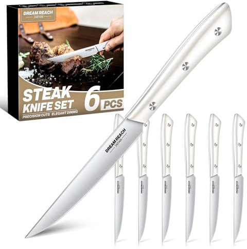 Dream Reach Steakmesser Set 6-Teilig, Extra Scharfes Steakbesteck | Extra Scharf, Full Tang, Spülmaschinengeeignet, Hochwertiger Edelstahl, Geschenk für Papa & Mama, Silberweiß
