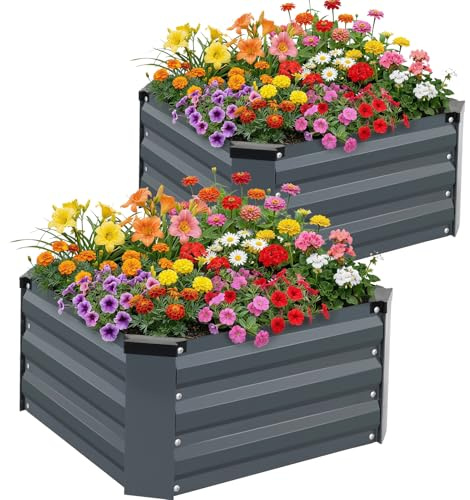 WILLOW WEAVE Satz aus 2 Hochbeeten für Garten, verzinkte Stahl-Planter im Freien zum Anpflanzen von Gemüse, Blumen und Kräutern, 60x60x30 cm, Grau