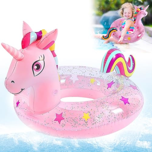 DAVBNM Unicorn Inflatable Floats Rings for Kids, Girls Unicorn Inflatable Pool Rings Floaties with Glitter for Kids Swimming Pool Water Sports, Summer Swimming Ring for Pool Toys Party, Pink