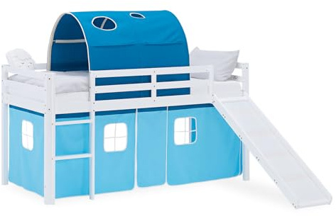 Homestyle4u Lit mezzanine avec toboggan 90 x 200 cm, blanc, lit d'enfant en bois de pin, avec tunnel rideau bleu, article 2988