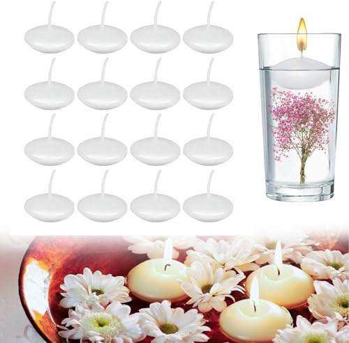 OYUUJII Floating Candles,16 Pcs Round Unscented Small Floating Water Candles Burning Candle Tealights Candle for Party,Wedding,Pool,Dinner,Home Table Centrepieces Decoration(White)