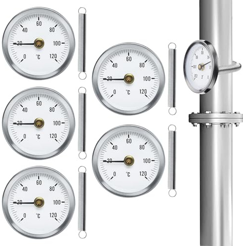 5 Pezzi Termometro da Contatto per Tubi di Riscaldamento, Termometro per Tubi, Indicatore di Temperatura con Molla a Clip, con Molla Attaccabile 63mm, Termometro a Lancetta per Tubi Acqua Calda 0-120℃